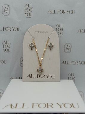 NWT 18K Gold Filled Cross Jewelry Set | Zirconia 18” Sequin Chain & Studs